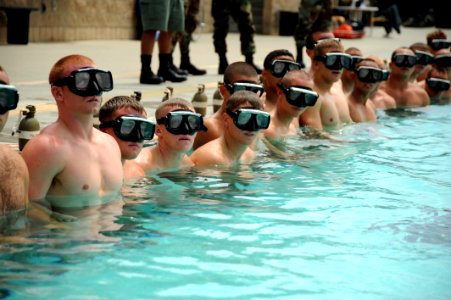US Navy 080708-N-2959L-073 Basic Crewman Training (BCT) students prepare to begin swim training at Naval Amphibious Base, Coronado. The students are in their first week of BCT, the first phase of special warfare combatant-craf