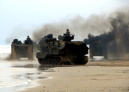 US Navy 080710-N-1424C-545 Marine amphibious assault vehicles travel Red Beach during Joint Logistics Over-The-Shore (JLOTS) 2008 operations