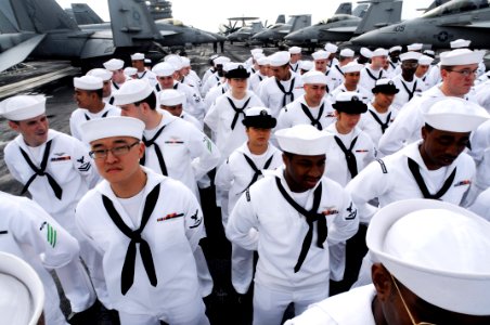 US Navy 080714-N-4009P-369 Sailors muster on the flight deck of the Nimitz-class aircraft carrier USS Ronald Reagan (CVN 76) before manning the rails for a port visit to Busan