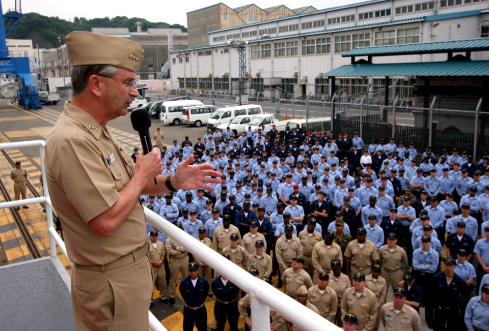 US Navy 080711-N-1113S-001 Vice Adm. Doug Crowder says farewell to Sailors of assigned to the amphibious command ship USS Blue Ridge (LCC 19) and members of the U.S. 7th Fleet staff the day before relinquishing command