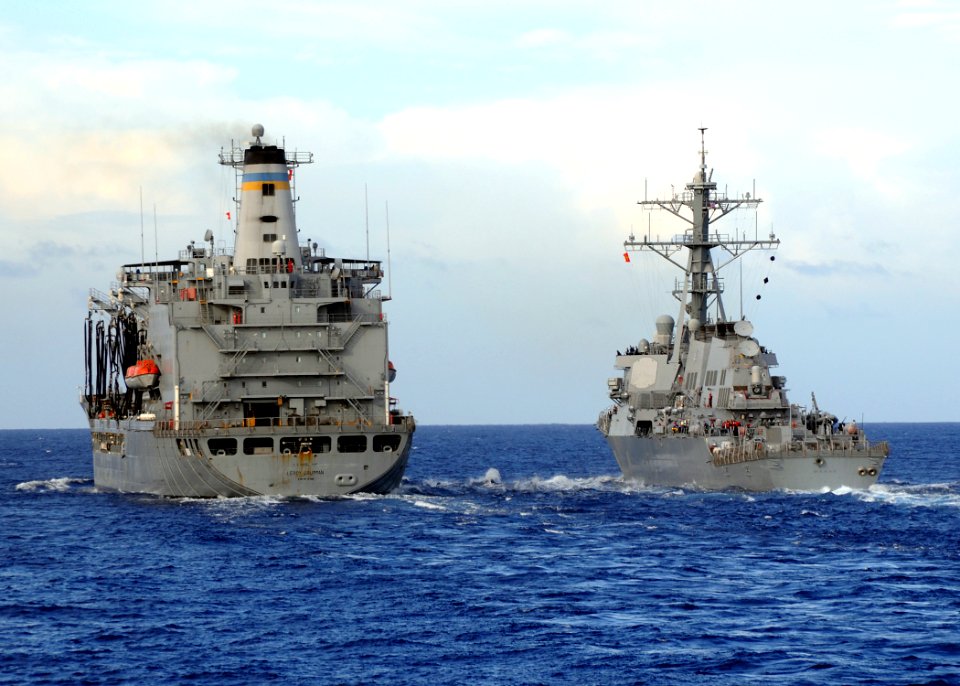 US Navy 080709-N-1082Z-001 The Military Sealift Command fleet replenishment oilier USNS Leroy Grumman (T-AO 195) pulls alongside the guided-missile destroyer USS Mahan (DDG 72)