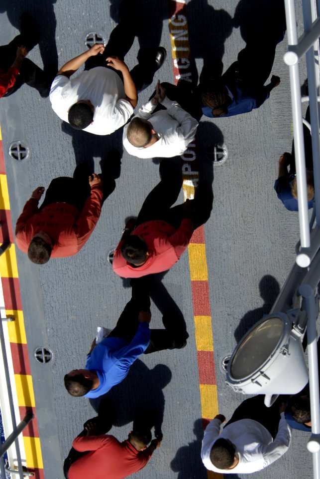 US Navy 080711-N-9500T-099 Sailors aboard the amphibious assault ship USS Bonhomme Richard (LHD 6) complete a foreign object debris walkdown