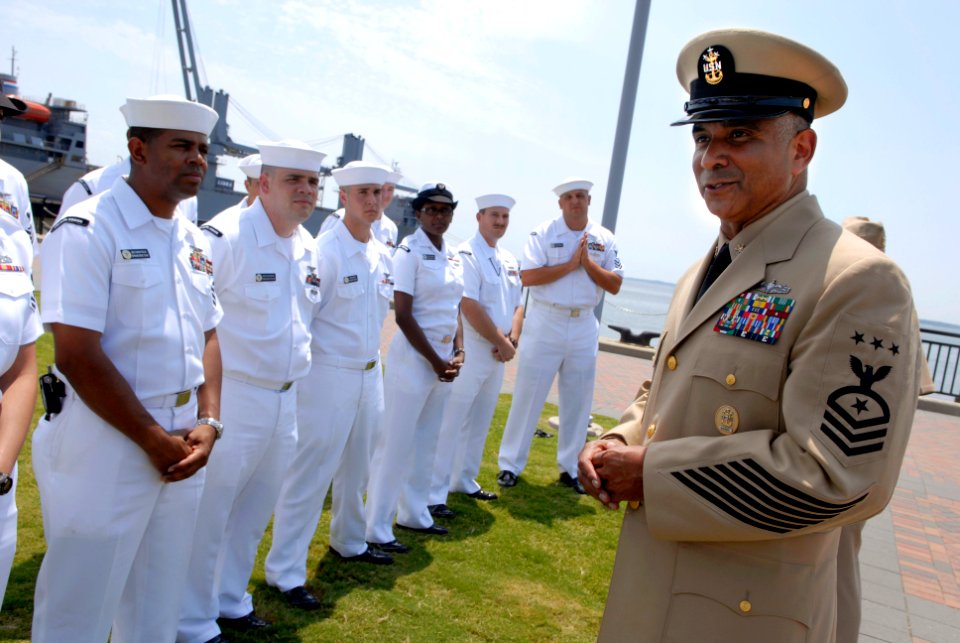 US Navy 080711-N-9818V-185 Master Chief Petty Officer of the Navy (MCPON) Joe R. Campa Jr. speaks with Sailors assigned to the aircraft carrier USS Carl Vinson (CVN 70)