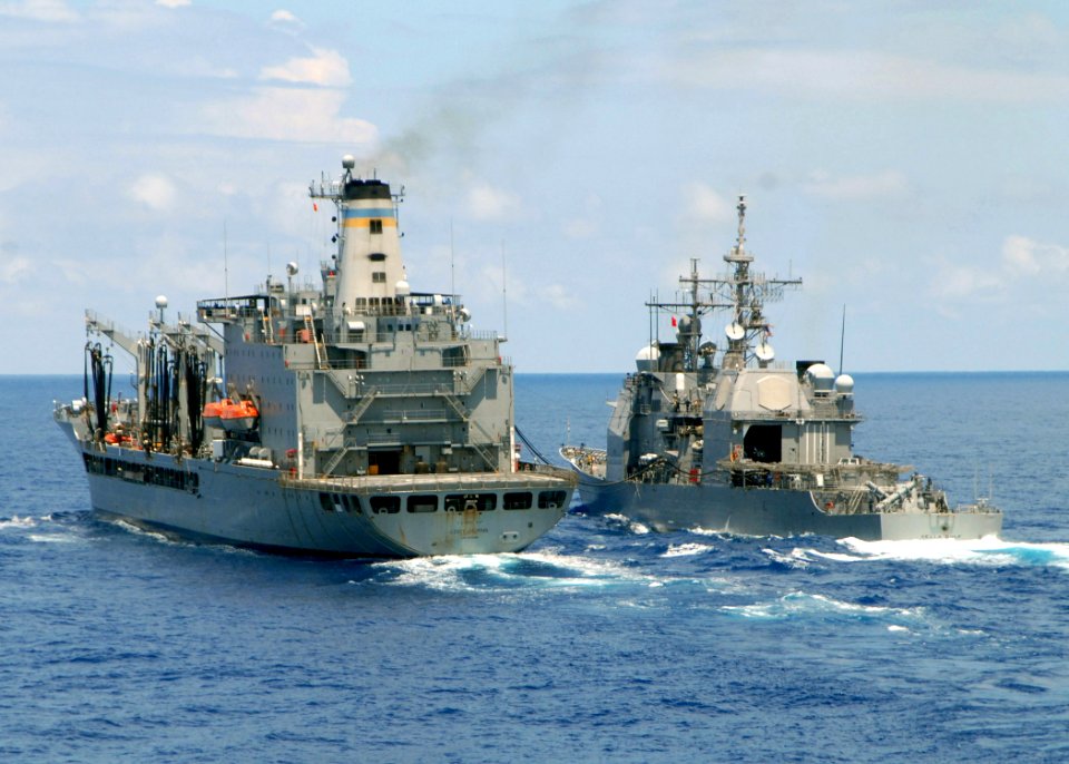 US Navy 080713-N-4856C-018 The Military Sealift Command fleet replenishment oiler USNS Leroy Grumman (T-AO 195) and the guided-missile cruiser USS Vella Gulf (CG 72) conduct a replenishment at sea
