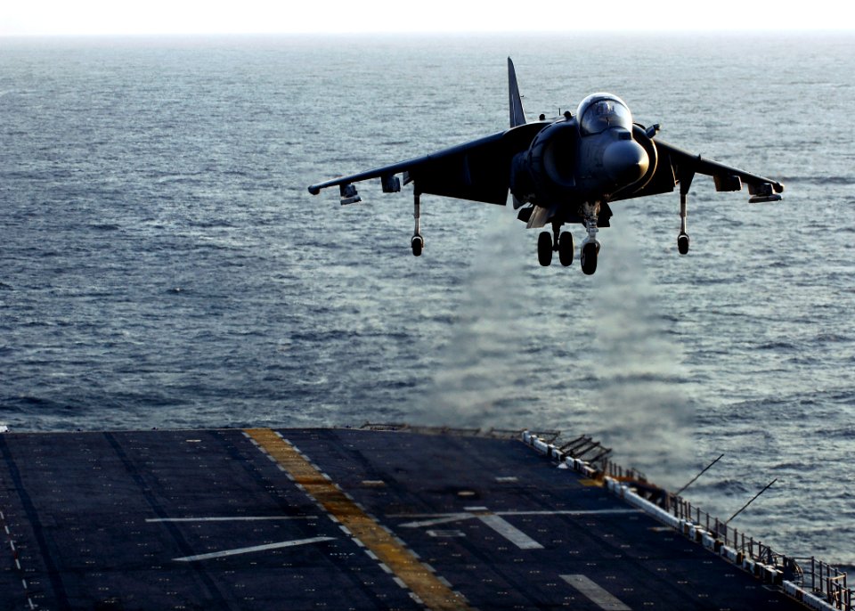 US Navy 080713-N-5681S-279 An AV-8B Harrier assigned to Marine Medium Helicopter Squadron (HMM) 264 (REIN) of the 26th Marine Expeditionary Unit makes a vertical landing