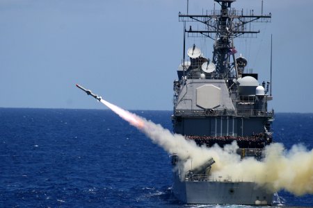 US Navy 080711-N-5874W-017 The guided-missile cruiser USS Lake Erie (CG 70) fires a Harpoon anti-ship missile during the Rim of the Pacific (RIMPAC) maritime exercise