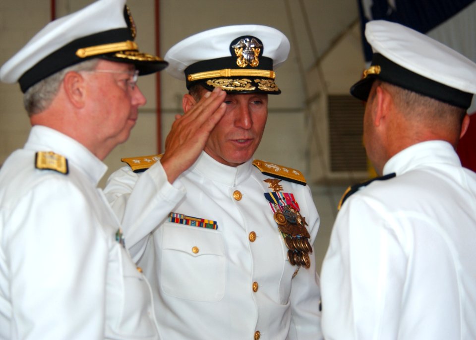 US Navy 080712-N-3285B-049 Adm. James Stavridis, right, commander U.S. Southern Command, receives a saluted from Rear Adm. Joseph D. Kernan, center, after assuming command of U.S. Naval Forces Southern Command (NAVSO), U.S. 4th