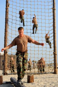 US Navy 080715-N-2959L-083 Seaman Kristopher Linton concentrates on keeping his balance while participating in an obstacle course photo