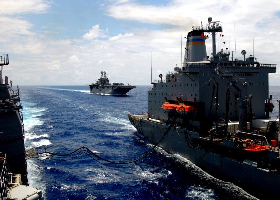 US Navy 080713-N-4236E-440 The Military Sealift Command fleet replenishment oiler USNS Leroy Grumman (TAO 195) as Leroy Grumman conducts a replenishment at sea with the guided-missile cruiser USS Vella Gulf (CG 72)