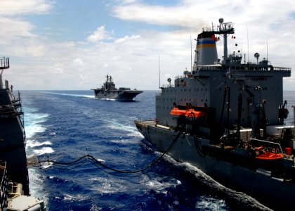 US Navy 080713-N-4236E-440 The Military Sealift Command fleet replenishment oiler USNS Leroy Grumman (TAO 195) as Leroy Grumman conducts a replenishment at sea with the guided-missile cruiser USS Vella Gulf (CG 72)