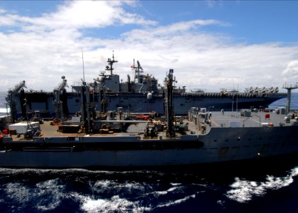 US Navy 080713-N-4236E-538 The multi-purpose amphibious assault ship USS Iwo Jima (LHD 7) comes alongside the fleet replenishment oiler USNS Leroy Grumman (TAO 195)