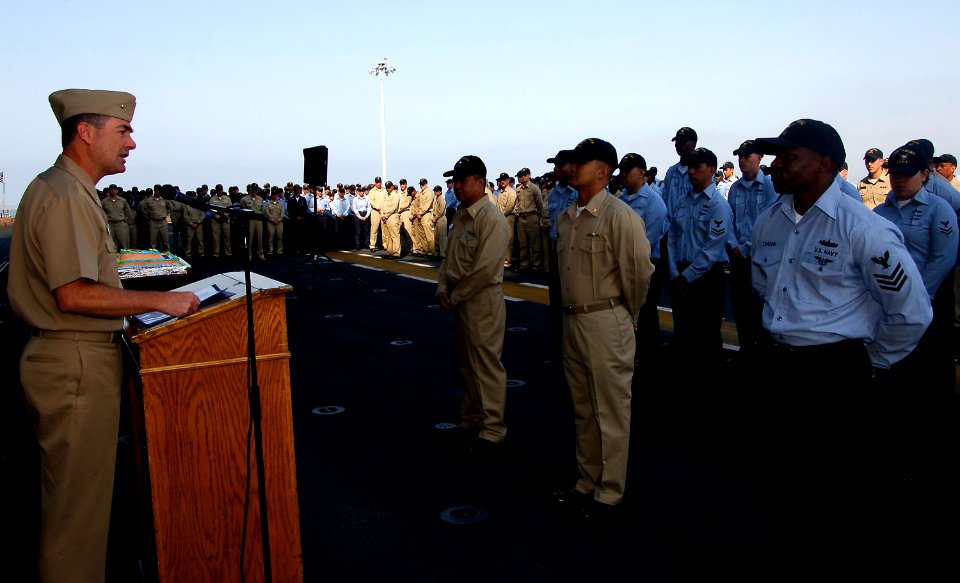US Navy 080716-1786N-N-016 Rear Adm. Raymond Berube, commander, Fleet and Industrial Supply Centers, speaks to Sailors