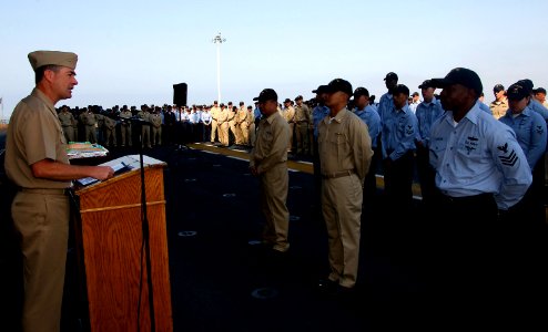 US Navy 080716-1786N-N-016 Rear Adm. Raymond Berube, commander, Fleet and Industrial Supply Centers, speaks to Sailors photo