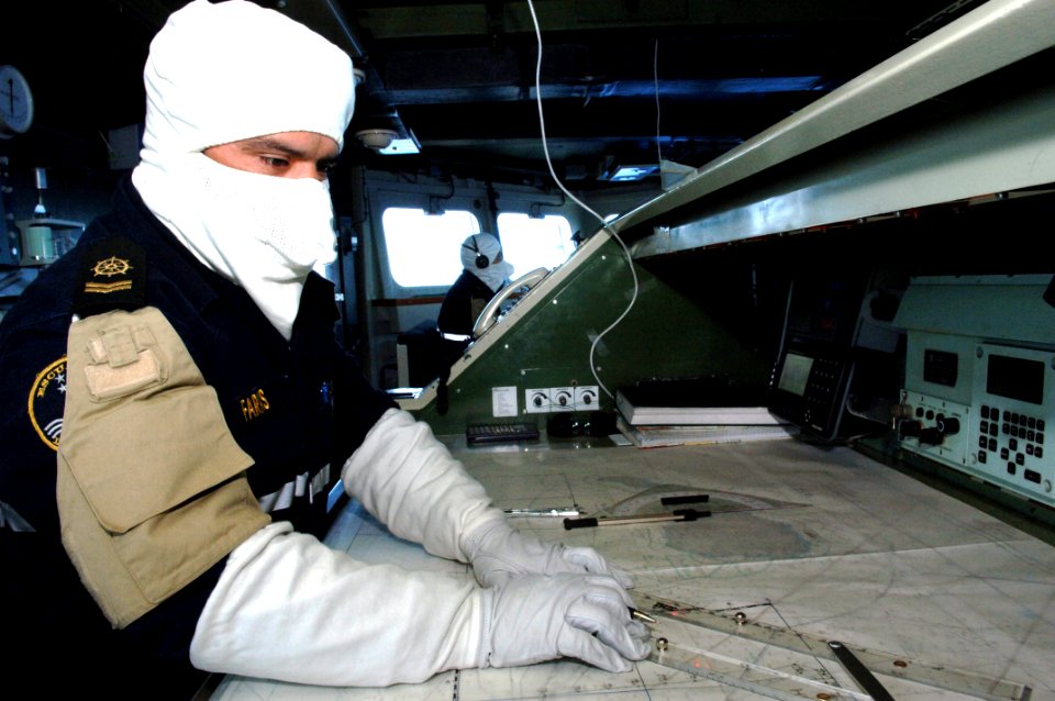 US Navy 080720-N-3931M-075 Sailors assigned to the Chilean navy frigate CS Riveros (FF18) practice battle scenarios on the ship's bridge