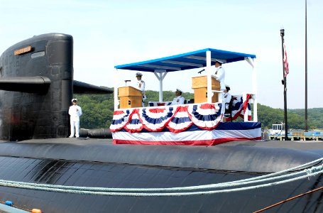 US Navy 080718-N-8467N-005 Captain Kenneth M. Perry makes his remarks during the Submarine Development Squadron 12 change of command ceremony