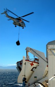 US Navy 080716-N-7498L-186 An AS 332 Super Puma helicopter assigned to the Military Sealift Command combat stores ship USNS Niagara Falls (T-AFS 3) delivers supplies to the Military Sealift Command hospital ship USNS Mercy (T-A