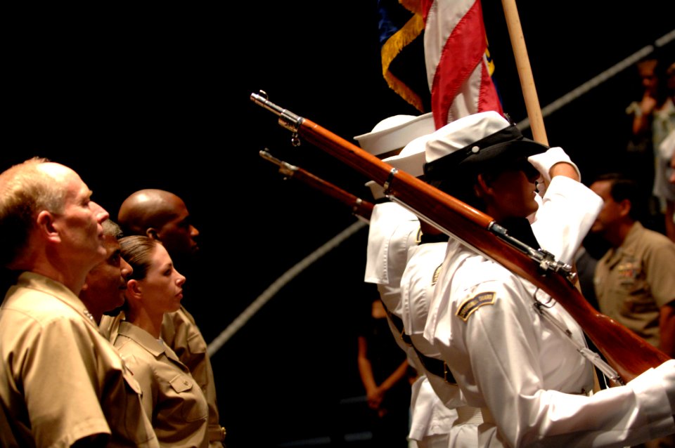 US Navy 080717-N-9818V-274 Sailor of the Year selectees and Vice Adm. John Cotton, chief of Navy Reserve and commander, Navy Reserve Force watch the presentation of colors