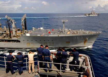 US Navy 080717-N-9134V-162 ailors aboard the amphibious dock landing ship USS Carter Hall (LSD 50) watch the multi-purpose amphibious assault ship USS Iwo Jima (LHD 7) break away