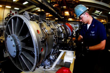 US Navy 080717-N-7883G-006 Aviation Machinist's Mate 2nd Class Shaun Elling prepares an EA-6B Prowler engine for transport