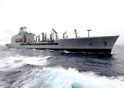 US Navy 080718-N-1082Z-034 The Military Sealift Command fleet replenishment oiler USNS Leroy Grumman (T-AO 195) steams in the Atlantic Ocean during the Iwo Jima Expeditionary Strike Group composite unit training exercise (COMPT