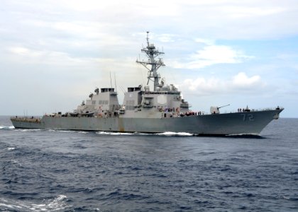 US Navy 080718-N-1082Z-001 The guided-missile destroyer USS Mahan (DDG 72) steams in the Atlantic Ocean during the Iwo Jima Expeditionary Strike Group composite unit training exercise (COMPTUEX)
