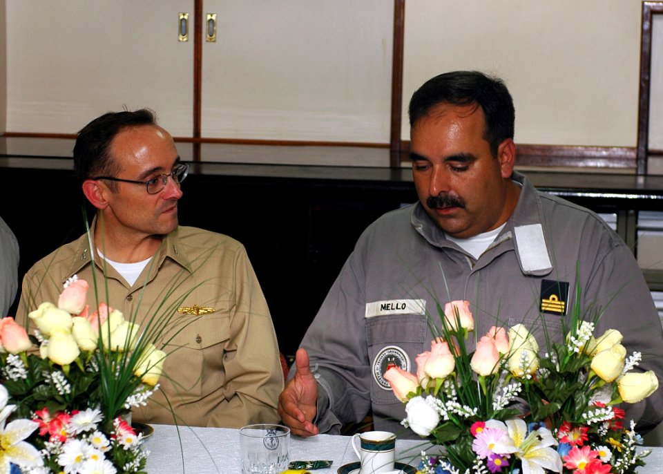 US Navy 080720-N-5681S-073 Capt. Brian T. Smith, commander, Iwo Jima Expeditionary Strike Group, speaks with Cmdr. Claudio Mello, commanding officer of the Brazilian Navy Ship (BNS) Greenhalgh (F-46)