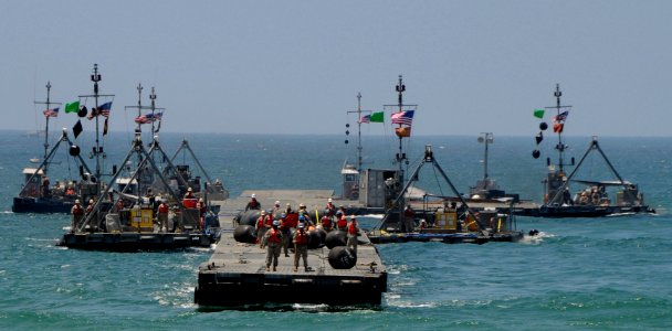 US Navy 080721-N-1424C-256 The Army Trident pier approaches Gold Beach during Joint Logistics Over-The-Shore (JLOTS) 2008