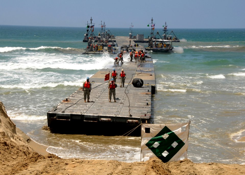 US Navy 080721-N-1424C-317 The Army Trident pier approaches Gold Beach during Joint Logistics Over-The-Shore (JLOTS) 2008