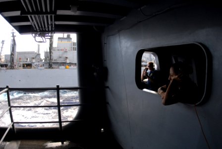 US Navy 080721-N-7730P-071 Boatswain's Mate Seaman Nicole Barragan stands the deck control watch