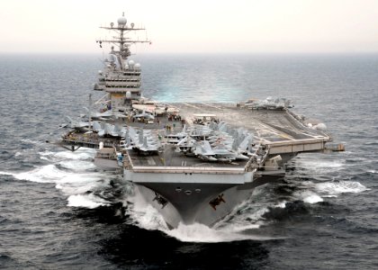 US Navy 080723-N-7571S-003 The aircraft carrier USS Theodore Roosevelt (CVN 71) navigates in the Atlantic Ocean during integrated French and American carrier qualifications and cyclic flight operations