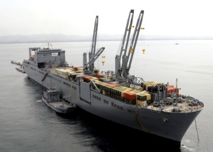 US Navy 080722-N-1424C-501 The Military Sealift Command large, medium-speed roll-on-roll-off ship USNS Pililaau (T-AKR 304) is anchored off the coast of Red Beach