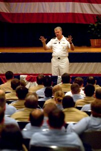 US Navy 080724-N-8273J-188 Chief of Naval Operations (CNO) Adm. Gary Roughead speaks with Sailors during an all-hands call at Norfolk Naval Base