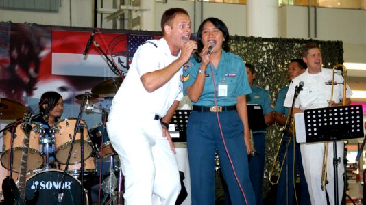 US Navy 080723-N-3446M-199 Musician 3rd Class Daniel S. Haasenritter, assigned to the 7th Fleet Band's contemporary music ensemble