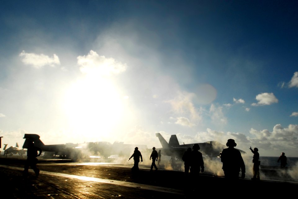 US Navy 080726-N-7883G-126 Sailors prepare to launch aircraft aboard the aircraft carrier USS Kitty Hawk (CV 63) after the conclusion of Rim of the Pacific 2008