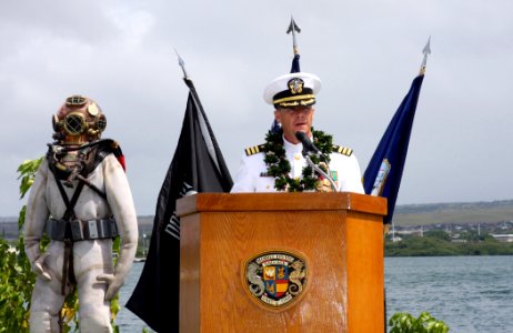 US Navy 080723-N-0879R-002 Cmdr. Daniel M. Colman, commanding officer of the Pearl Harbor-based Mobile Diving and Salvage Unit One (MDSU) 1, address attendees during a change of command ceremony
