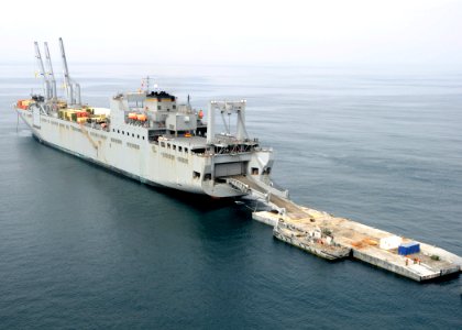 US Navy 080722-N-1424C-511 The Military Sealift Command roll-on-roll-off ship USNS Pililaau (T-AKR 304) is anchored off the coast of Red Beach