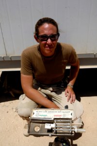 US Navy 080728-N-9623R-004 Hospital Corpsman 2nd Class Molly Mead prepares to check the heat index in Al Qaim