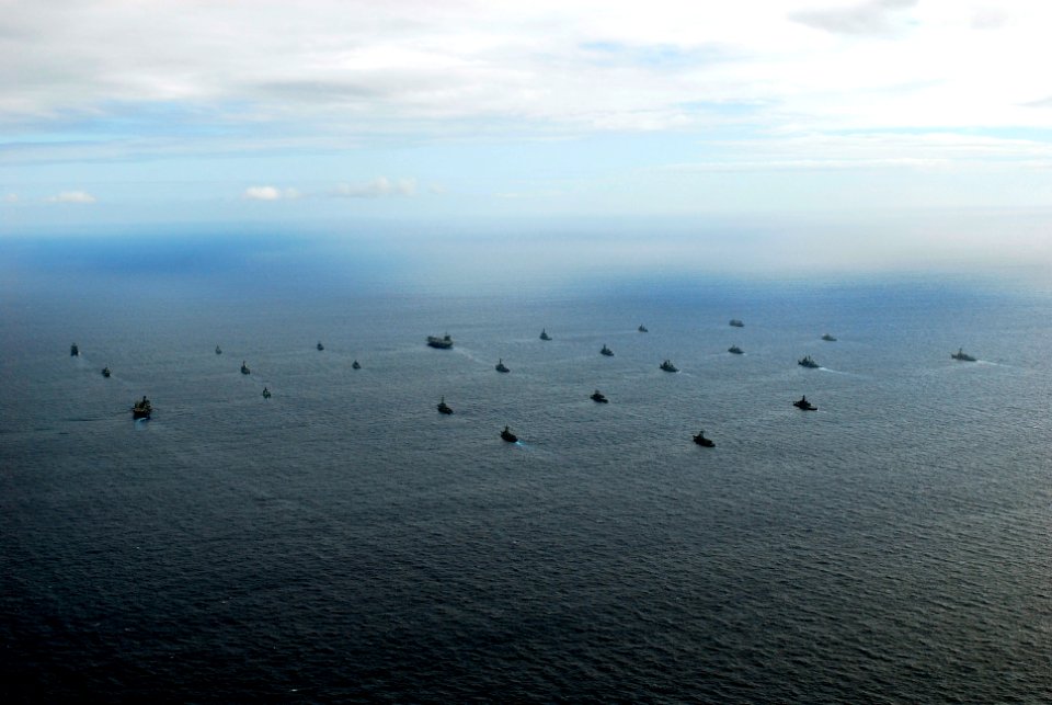 US Navy 080729-N-7883G-052 American, Australian, Canadian and South Korean navy ships steam in formation during a Rim of the Pacific 2008 group photo