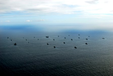 US Navy 080729-N-7883G-052 American, Australian, Canadian and South Korean navy ships steam in formation during a Rim of the Pacific 2008 group photo