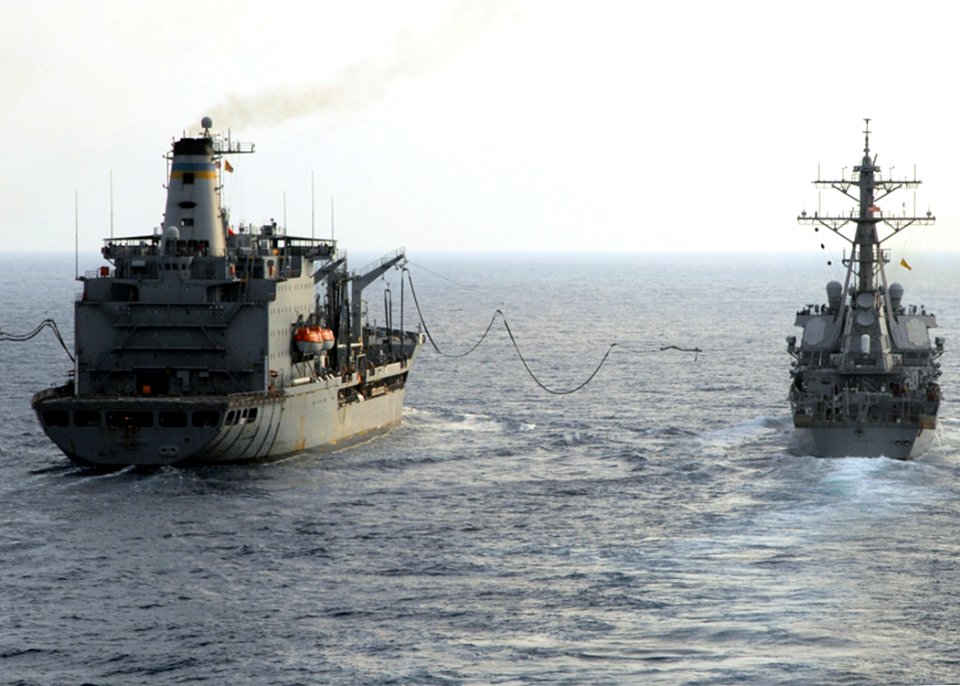 US Navy 080729-N-3392P-034 The guided-missile destroyer USS Ramage (DDG 61) prepares to break away from the Military Sealift Command fleet replenishment oiler USNS Leroy Grumman