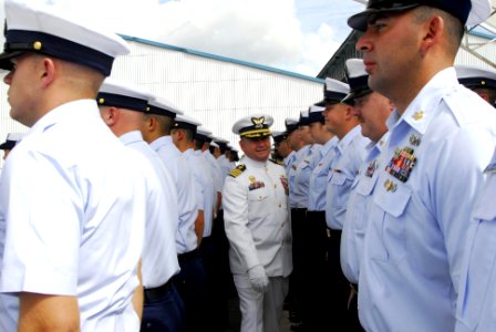 US Navy 080729-N-7095C-001 Capt. Kevin M. O'Day inspects the cutter's crew during a change of command ceremony in Singapore