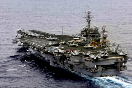 US Navy 080806-N-7883G-119 An F-A-18F Super Hornet assigned to Strike Fighter Squadron (VFA) 102 launches from the aircraft carrier USS Kitty Hawk (CV 63) for the last time