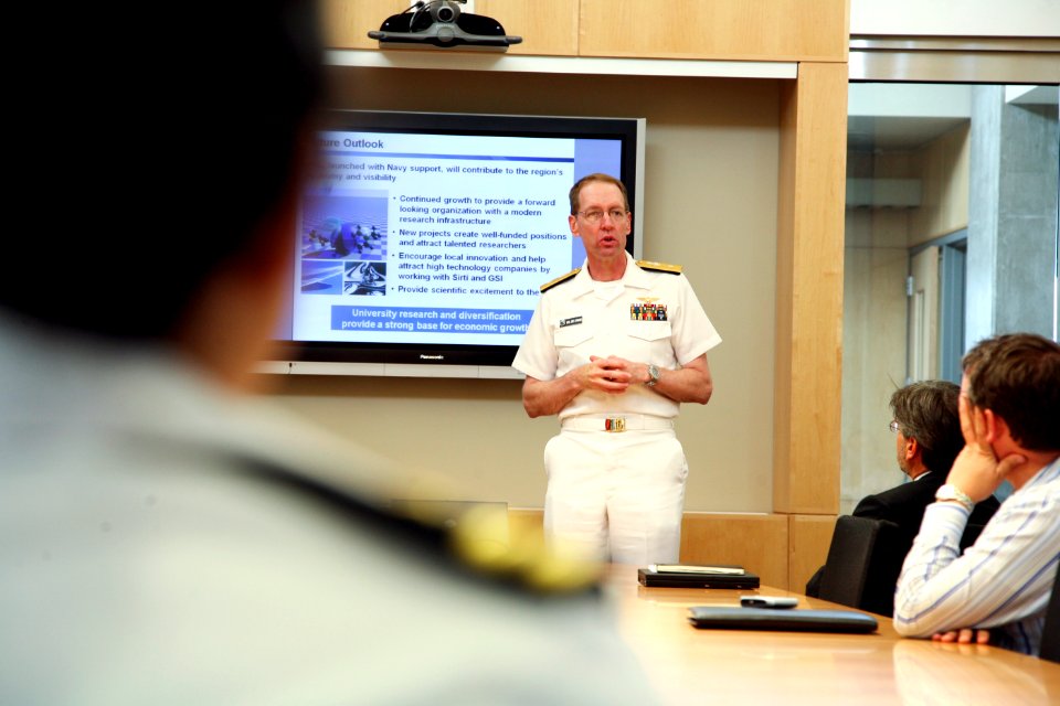US Navy 080806-N-3271W-062 Rear Adm. James A. Symonds, Commander, Navy Region Northwest, speaks to the faculty of the Applied Science Lab at Washington State University, Spokane