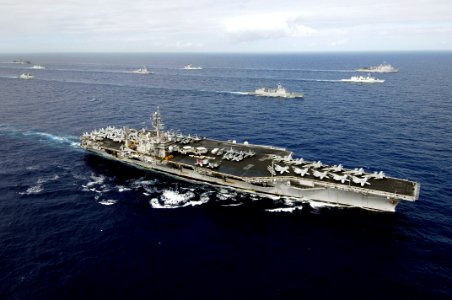 US Navy 080729-N-7883G-020 The aircraft carrier USS Kitty Hawk (CVN 63) sails in formation with Australian, Canadian, South Korean and U.S. Navy ships during a Rim of the Pacific (RIMPAC) 2008 exercise group photo