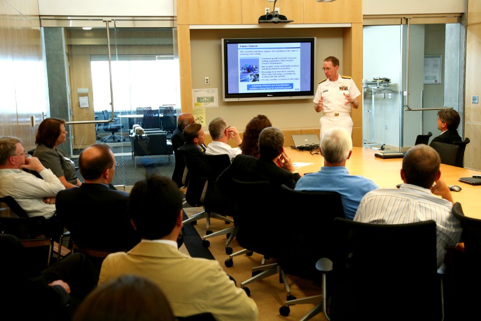 US Navy 080806-N-3271W-063 Rear Adm. James A. Symonds, Commander, Navy Region Northwest, speaks to the faculty of the Applied Science Lab at Washington State University Spokane