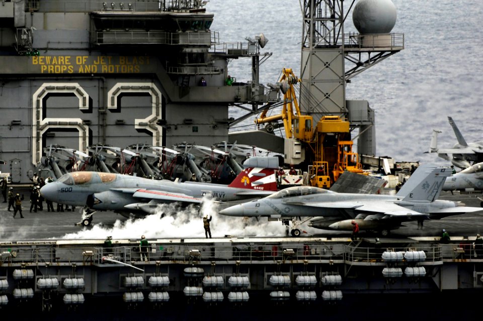 US Navy 080806-N-7883G-028 An EA-6B Prowler assigned to Electronic Attack Squadron (VAQ) 136 launches from the aircraft carrier USS Kitty Hawk (CV 63) for the last time