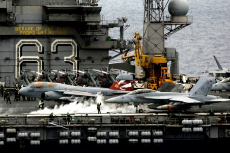 US Navy 080806-N-7883G-028 An EA-6B Prowler assigned to Electronic Attack Squadron (VAQ) 136 launches from the aircraft carrier USS Kitty Hawk (CV 63) for the last time