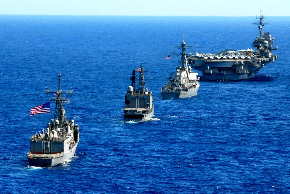 US Navy 080729-N-7883G-113 Ships steam in formation during a Rim of the Pacific 2008 exercise group photo