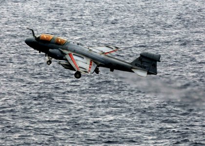 US Navy 080806-N-7883G-017 An EA-6B Prowler assigned to Electronic Attack Squadron (VAQ) 136 launches from the aircraft carrier USS Kitty Hawk (CV 63) for the last time