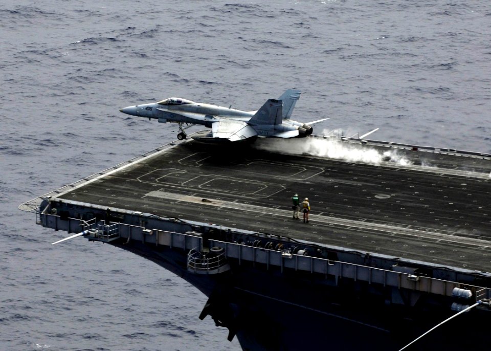 US Navy 080806-N-7883G-286 An F-A-18C Hornet assigned to Strike Fighter Squadron (VFA) 195 launches from the aircraft carrier USS Kitty Hawk (CV 63) for the last time